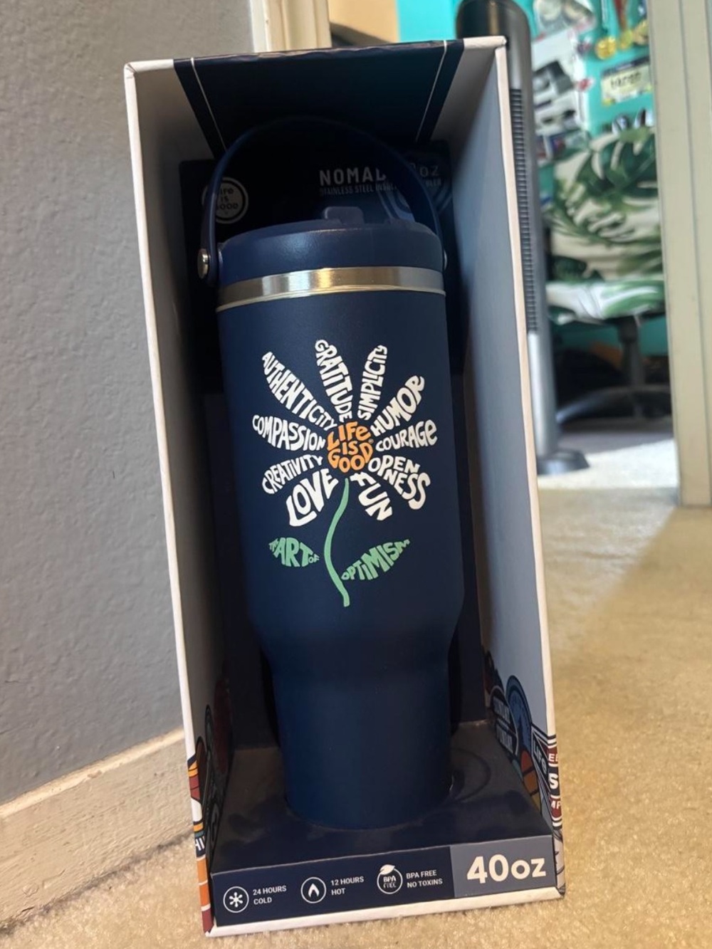 Life Is Good Navy 40oz Insulated Tumbler with Inspirational Flower Graphic
